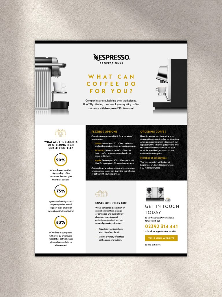 A4 printed infosheet design for Nespresso Professional 