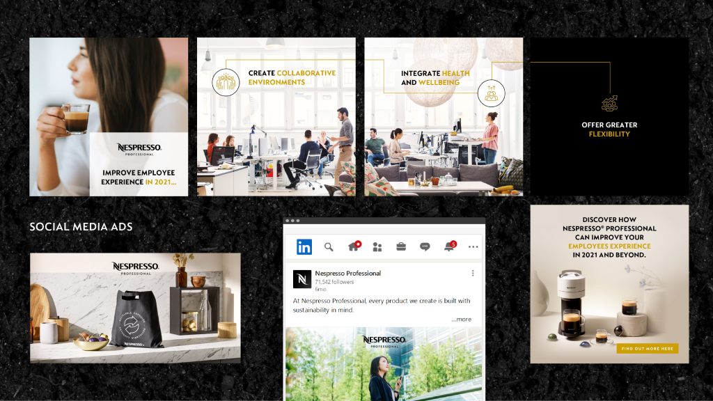 Facebook carousel and LinkedIn social media banner designs for Nespresso Professional