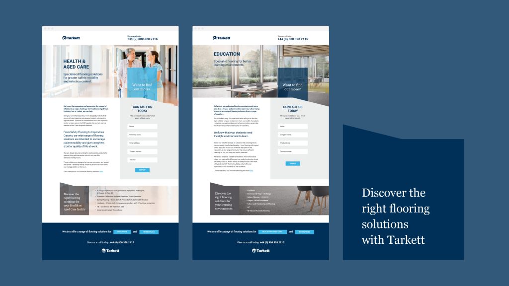 Landing page web design for Tarkett 